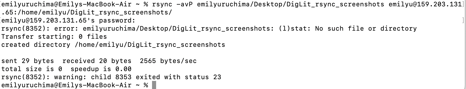 screenshot of local to remote -avP outputs